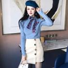 Mock-neck Tie Front Knit Top / Mini Skirt