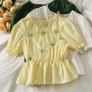Flower-accent Ruched Peplum Top