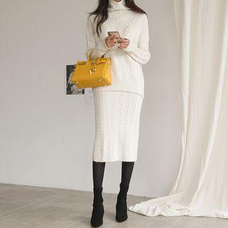 Set: Turtle-neck Cable-knit Sweater + Knit Skirt