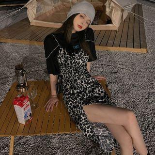 Short-sleeve Lettering T-shirt / Leopard Print Midi Overall Dress