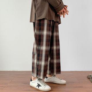 Drawstring Gingham Wide-leg Pants