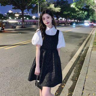 Plain Button-up Puff-sleeve Blouse / Plain Jacquard Fluffy Overall Dress