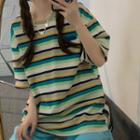 Elbow-sleeve Striped T-shirt Striped - Green & Off-white & Tangerine - One Size