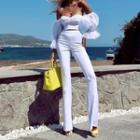 Set: Puff-sleeve Off-shoulder Mesh Top + Straight Leg Pants