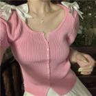 Short-sleeve Bow Accent Ribbed Knit Top Pink - One Size