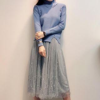 Set: Turtleneck Sweater + Midi Mesh Skirt