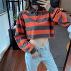 Striped Collared Long-sleeve Crop Top
