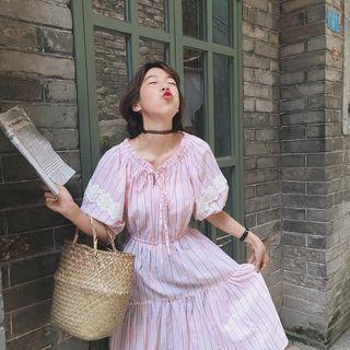 Striped Puff-sleeve A-line Dress