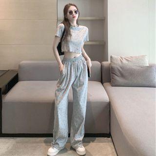 Set: Short-sleeve Smiley Face Print T-shirt + Wide-leg Pants