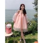 Puff-sleeve Off-shoulder Mesh A-line Dress