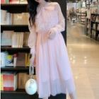 Tie-neck Mesh-panel Fringed A-line Dress
