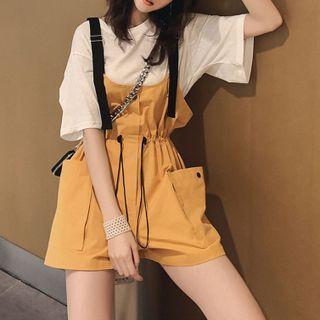 Set: Short-sleeve Plain T-shirt + Drawstring Jumper Shorts