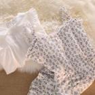Short-sleeve Ruffle Shirt / Spaghetti Strap Floral Mini Sheath Dress