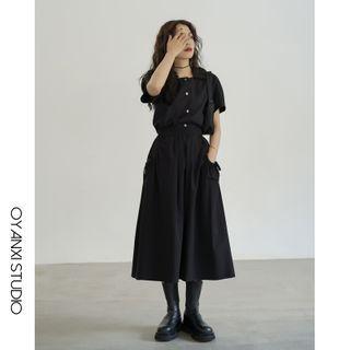 Plain Short-sleeve Blouse / Drawstring-pocket Midi A-line Skirt