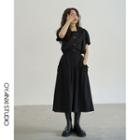 Plain Short-sleeve Blouse / Drawstring-pocket Midi A-line Skirt