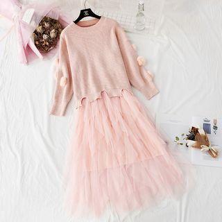 Set: Bobble Ripped Sweater + Midi Tiered Layered Mesh Skirt