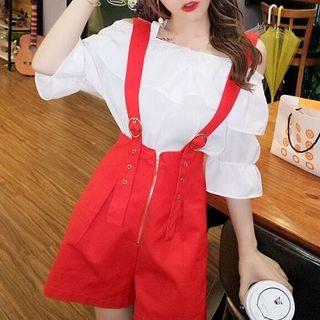 Set:halter Off-shoulder Blouse+plain Wide-leg Strappy Shorts