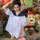 Elbow-sleeve Sailor Collar Oversized T-shirt White - One Size