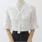 Short-sleeve Tie-neck Dotted Frill Trim Blouse