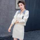 Set: Long-sleeve Buttoned Lace Collar Knit Top + Pencil Skirt