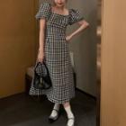 Puff Sleeve Square Neck Gingham Dress Plaid - Black & White - One Size