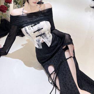 Long-sleeve Off-shoulder Crop Top / Leaf Print Halter Top / Jacquard Side-slit Pencil Skirt