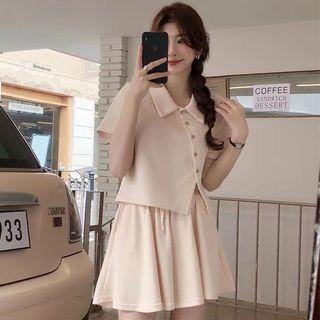 Set: Short-sleeve Collar Button-up Asymmetrical Top + Mini A-line Skirt