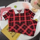Short-sleeve Plaid Polo Knit Mini Dress Red - One Size