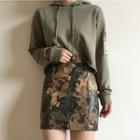 Applique Hoodie / Faux Leather Camo Mini Pencil Skirt