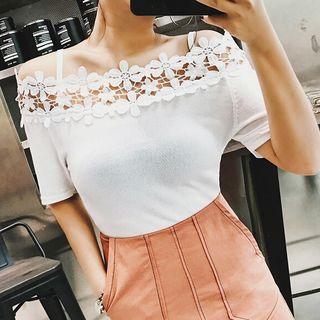 Elbow-sleeve Lace Trim Spaghetti Strap Top