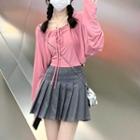 Long-sleeve Cardigan + Camisole Top / Pleated A-line Skirt