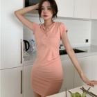 Cap-sleeve Henley Mini Bodycon Dress