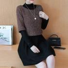 Set: Mock-neck Long-sleeve A-line Dress + Crew-neck Elbow-sleeve Pullover