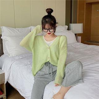 Plain V-neck Knit Long-sleeve Cardigan