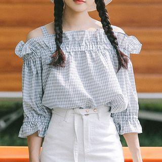 Frill Trim Off-shoulder Spaghetti Strap Elbow-sleeve Top