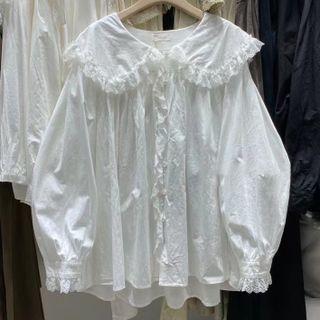 Puff Long-sleeve Collared Lace Flower Trim Panel Shirt