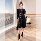 Button Detail Long-sleeve A-line Knit Dress Black - One Size