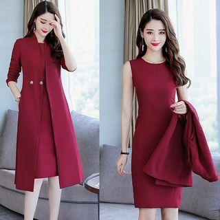 Set: Snap-buttoned Long Jacket + Sheath Tank Dress