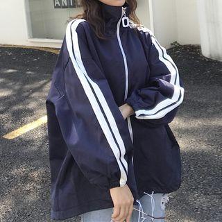 Stand Collar Contrast-trim Zip Jacket Blue - One Size