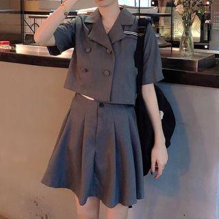 Set: Double-breasted Short-sleeve Blouse + High-waist Mini A-line Skirt