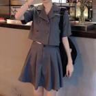 Set: Double-breasted Short-sleeve Blouse + High-waist Mini A-line Skirt