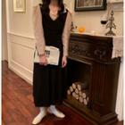 Balloon-sleeve Shirt / V-neck Midi Pinafore Dress