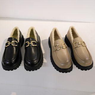 Fleece-lined Platform Block-heel Loafers