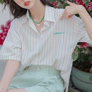 Short-sleeve Lettering Striped Shirt Stripe - Blue - One Size