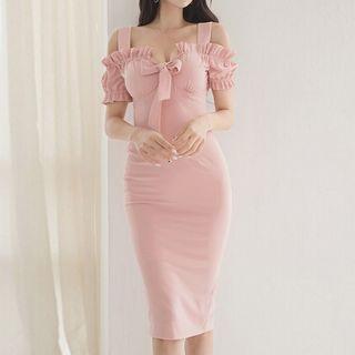 Cold-shoulder Ruffle-trim Plain Sheath Dress