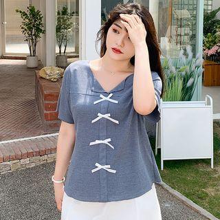 Short-sleeve V-neck Plain Bow Knit Top