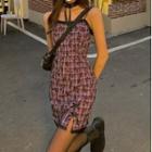 Spaghetti Strap Floral Print Plaid Mini Sheath Dress / Tie-front Cropped Jacket