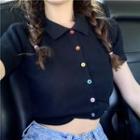 Short-sleeve Buttoned Cropped Knit Top / Heart Print A-line Mini Skirt