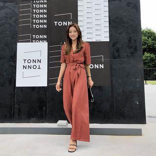 Shirtwaist Wide-leg Jumpsuit With Sash