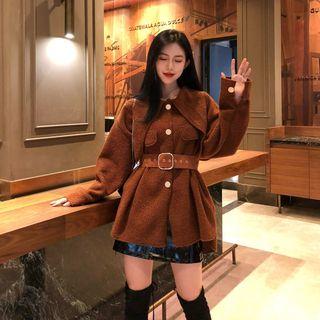 Long-sleeve Fleece Button Jacket With Belt